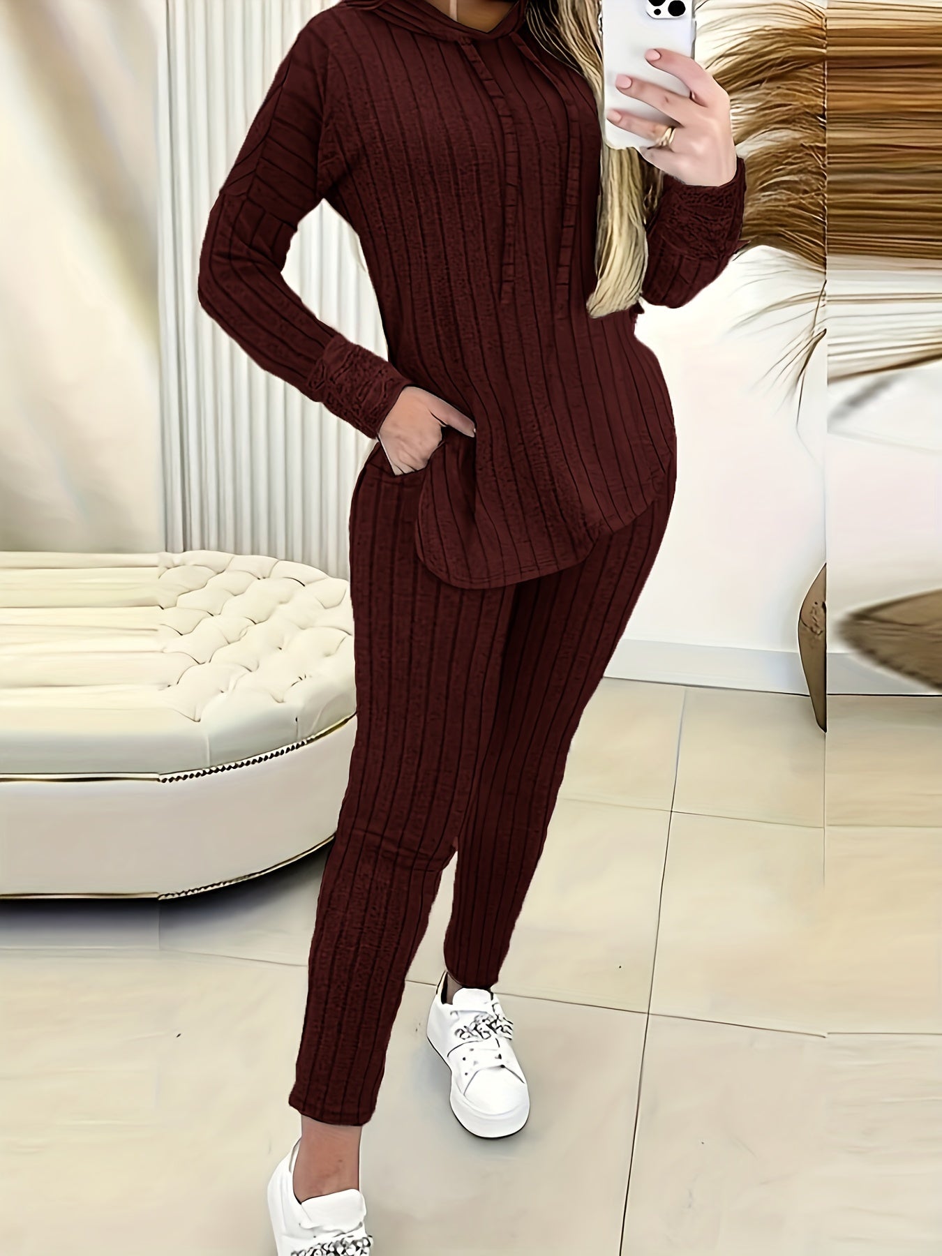 Ribbed Casual Two-piece Set, Long Sleeve Drawstring Hoodie & Slim Pants Outfits, Women's Clothing